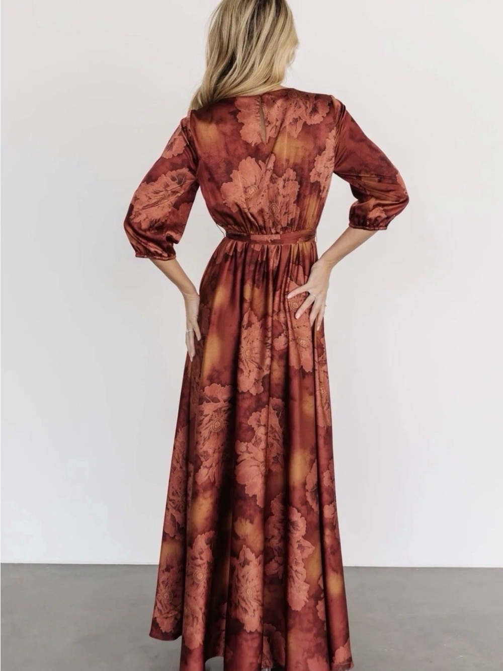 Baltic Born Paula Satin Floral Maxi Dress with Waist Tie Belt in Terracotta 2XL - Picture 3 of 9